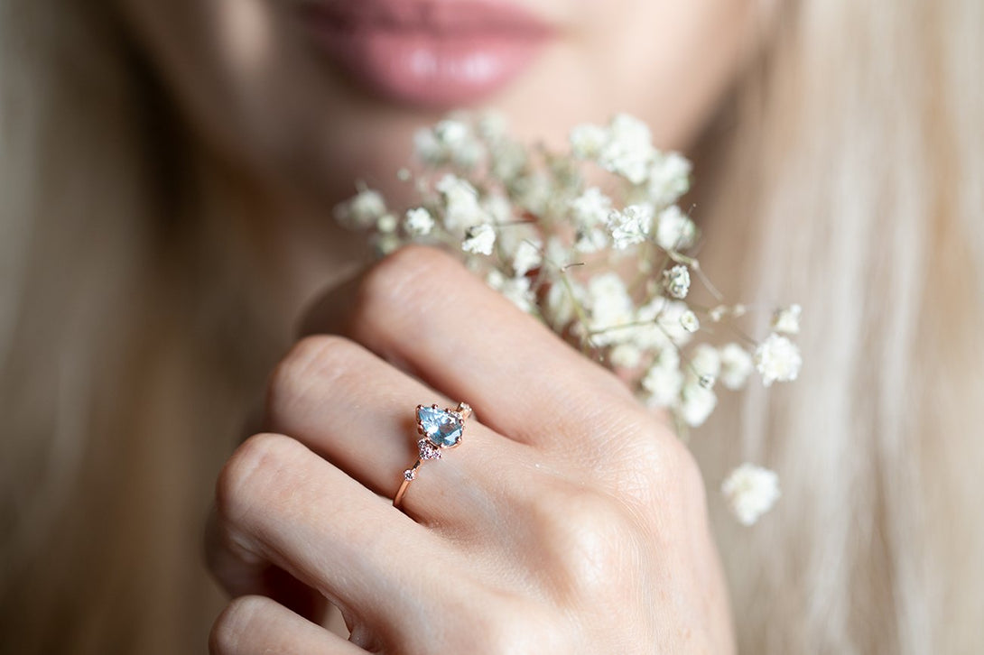 Engagement ring with a pear aquamarine, cluster ring, diamond ring, blue aquamarine ring. - Amunet Jewelry