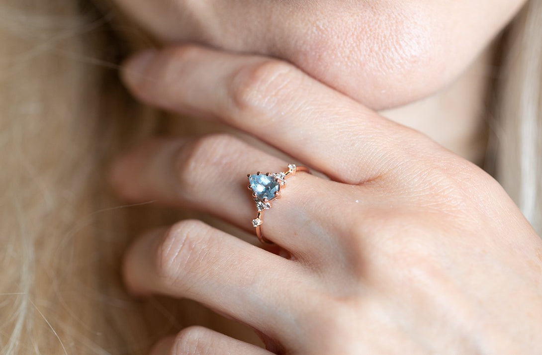 Engagement ring with a pear aquamarine, cluster ring, diamond ring, blue aquamarine ring. - Amunet Jewelry