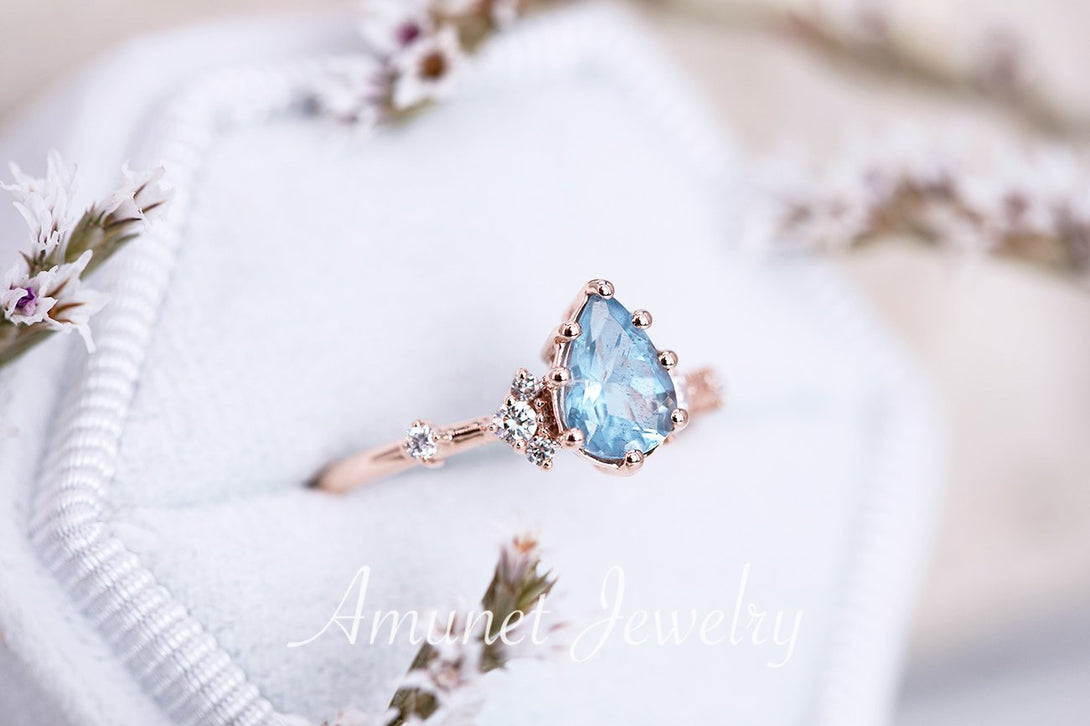 Engagement ring with a pear aquamarine, cluster ring, diamond ring, blue aquamarine ring. - Amunet Jewelry