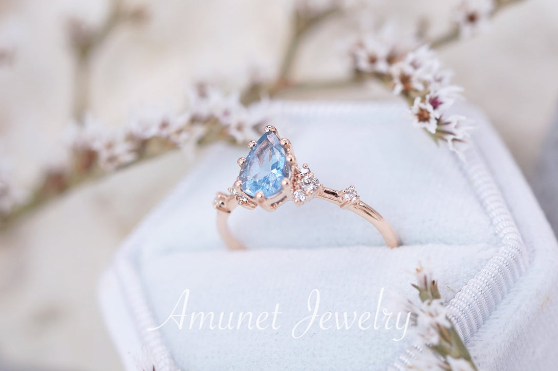 Engagement ring with a pear aquamarine, cluster ring, diamond ring, blue aquamarine ring. - Amunet Jewelry