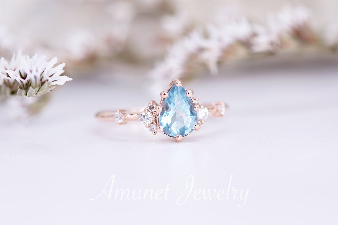 Engagement ring with a pear aquamarine, cluster ring, diamond ring, blue aquamarine ring. - Amunet Jewelry