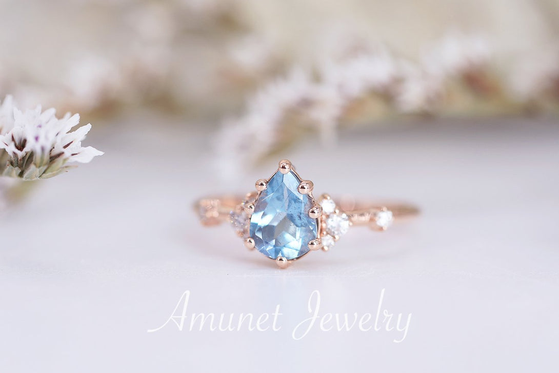 Engagement ring with a pear aquamarine, cluster ring, diamond ring, blue aquamarine ring. - Amunet Jewelry