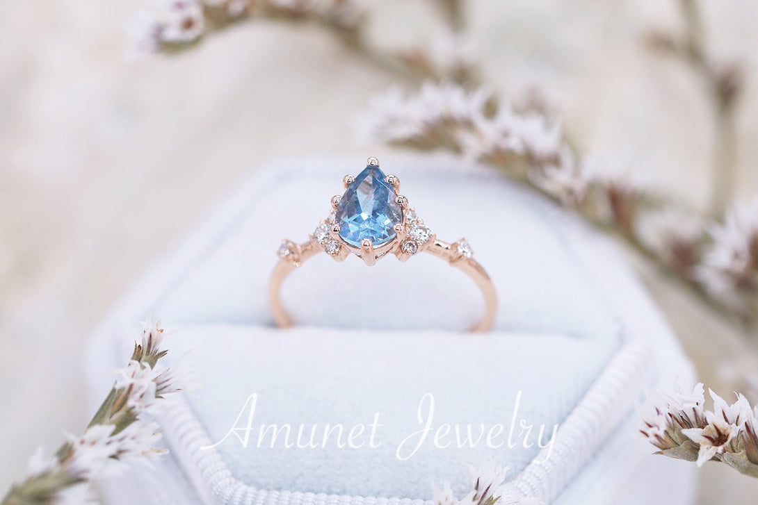 Engagement ring with a pear aquamarine, cluster ring, diamond ring, blue aquamarine ring. - Amunet Jewelry