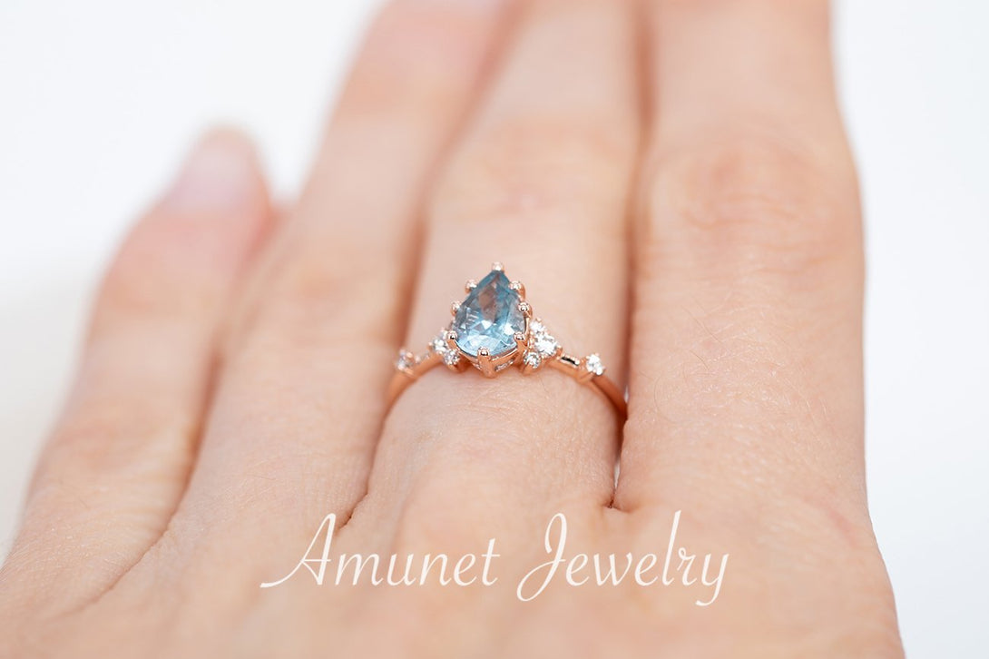 Engagement ring with a pear aquamarine, cluster ring, diamond ring, blue aquamarine ring. - Amunet Jewelry