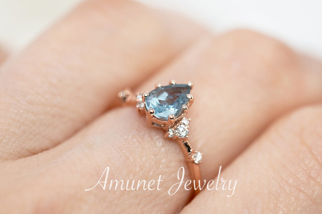 Engagement ring with a pear aquamarine, cluster ring, diamond ring, blue aquamarine ring. - Amunet Jewelry