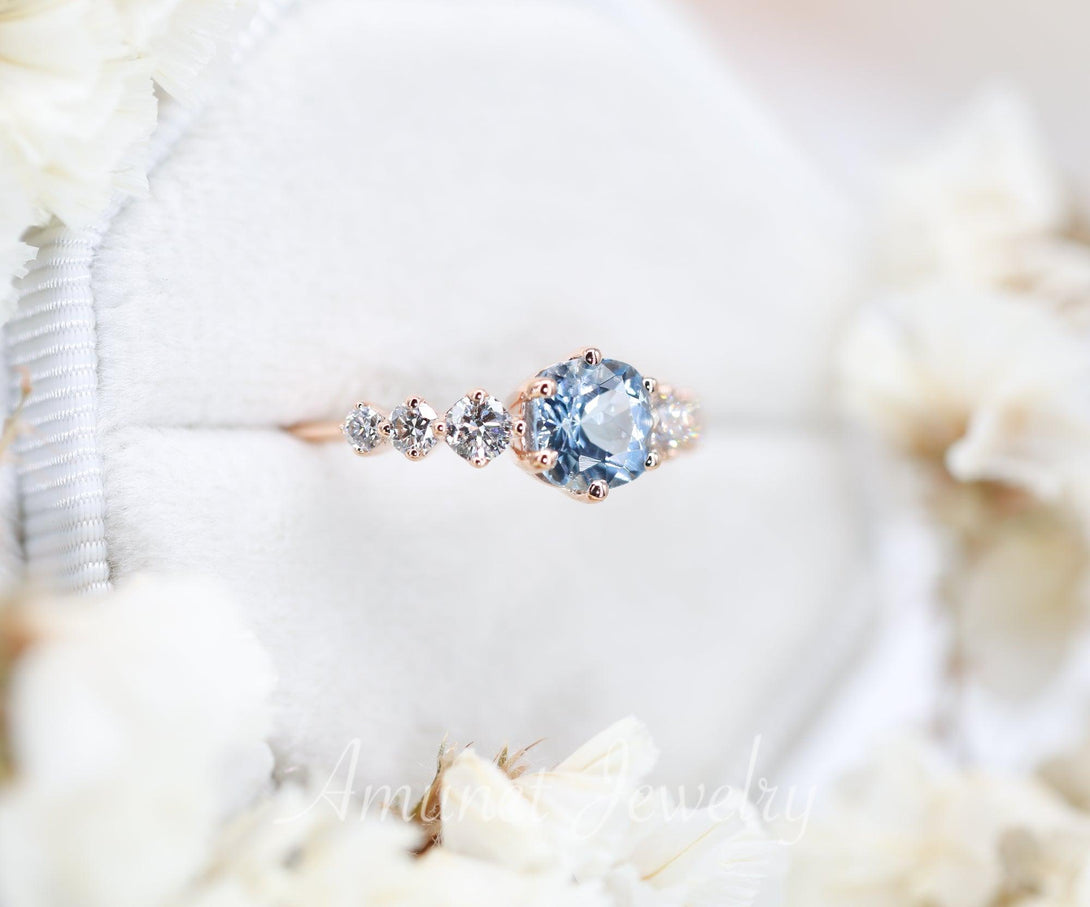 Aquamarine engagement ring, cushion aquamarine ring, diamond cluster ring - Amunet Jewelry