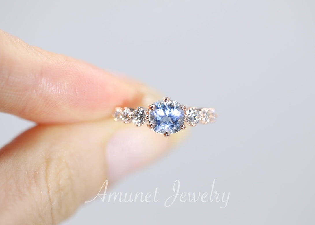 Aquamarine engagement ring, cushion aquamarine ring, diamond cluster ring - Amunet Jewelry