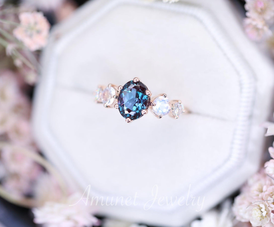 Engagement ring,Chatham alexandrite stone, cluster ring, moonstone, Charles & Colvard moissanite. - Amunet Jewelry