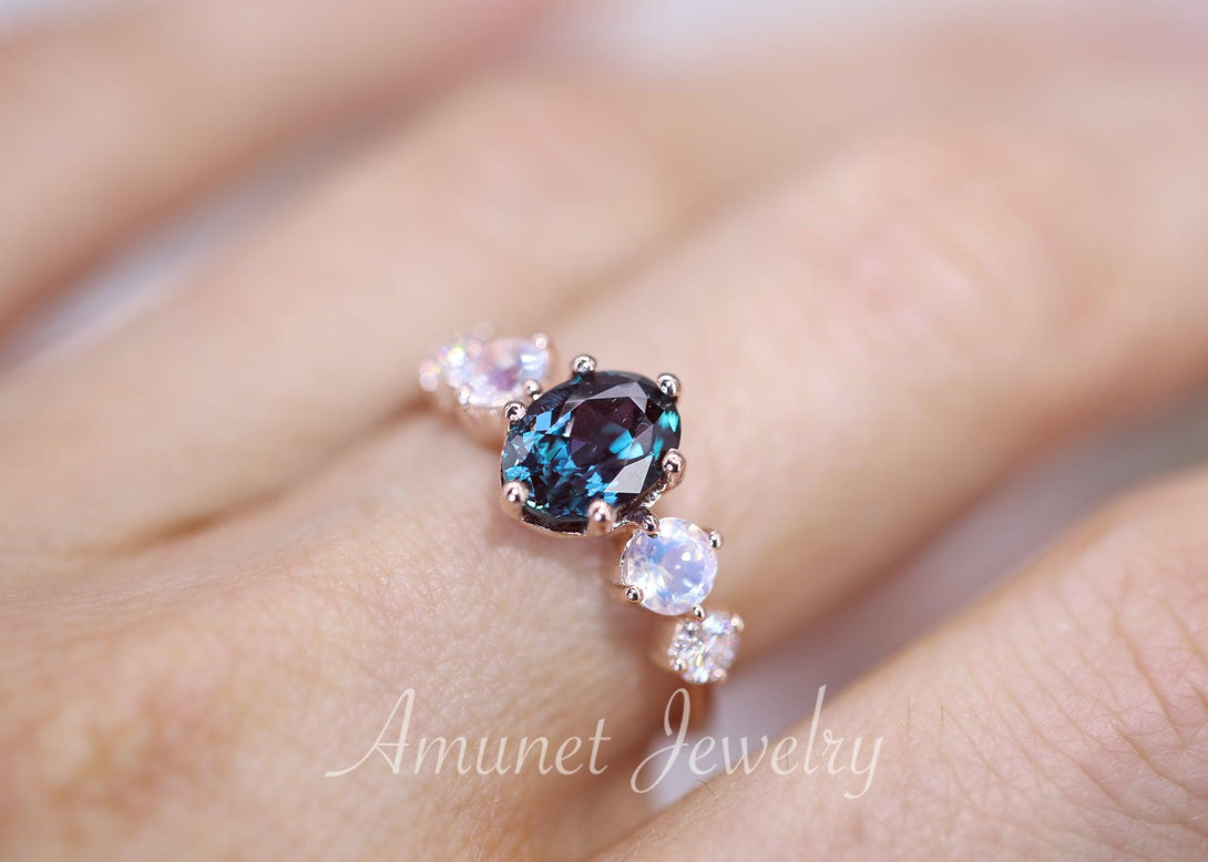 Engagement ring,Chatham alexandrite stone, cluster ring, moonstone, Charles & Colvard moissanite. - Amunet Jewelry