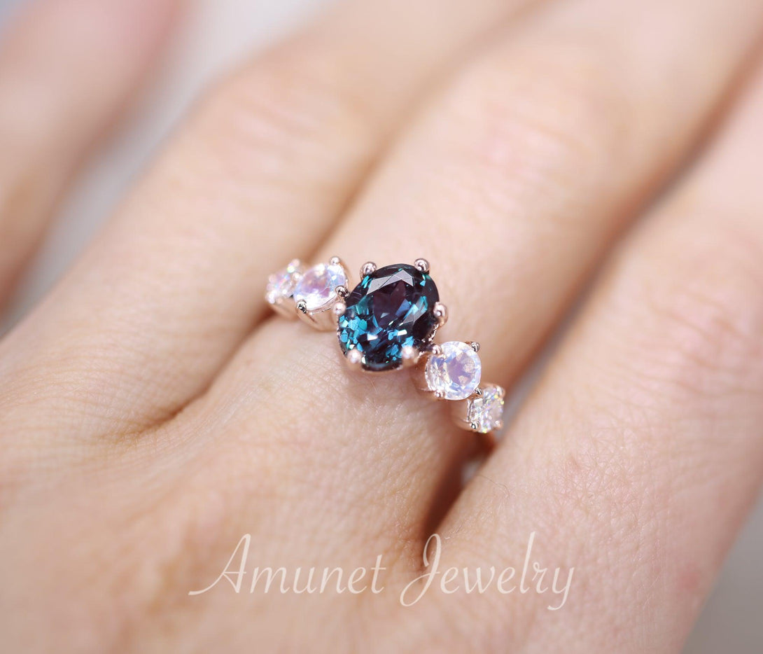 Engagement ring,Chatham alexandrite stone, cluster ring, moonstone, Charles & Colvard moissanite. - Amunet Jewelry