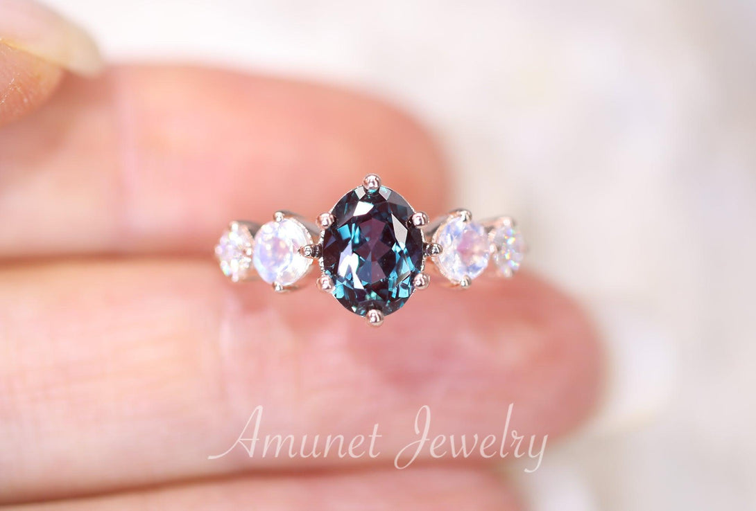 Engagement ring,Chatham alexandrite stone, cluster ring, moonstone, Charles & Colvard moissanite. - Amunet Jewelry