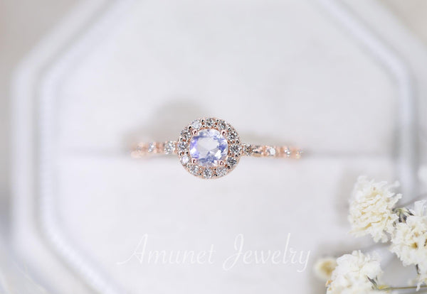 Romantic vintage moonstone halo ring, diamond engagement ring, rainbow moonstone - Amunet Jewelry