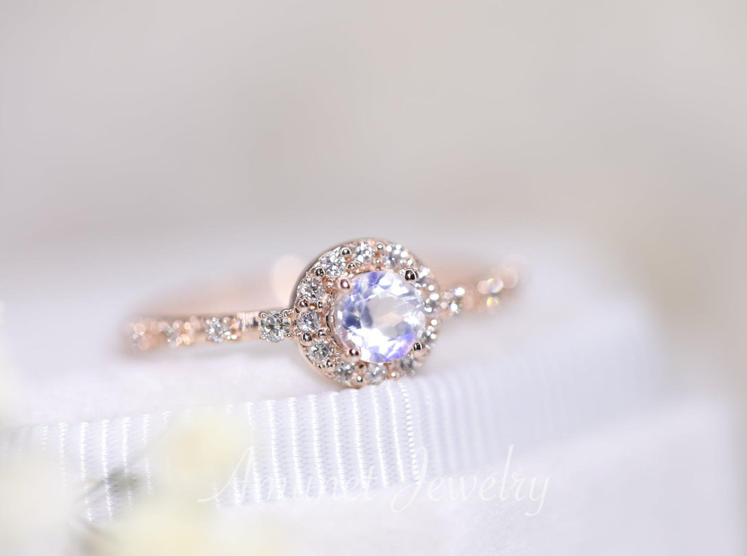 Romantic vintage moonstone halo ring, diamond engagement ring, rainbow moonstone - Amunet Jewelry