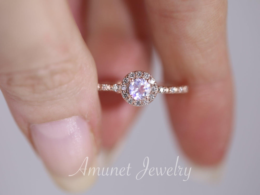 Romantic vintage moonstone halo ring, diamond engagement ring, rainbow moonstone - Amunet Jewelry