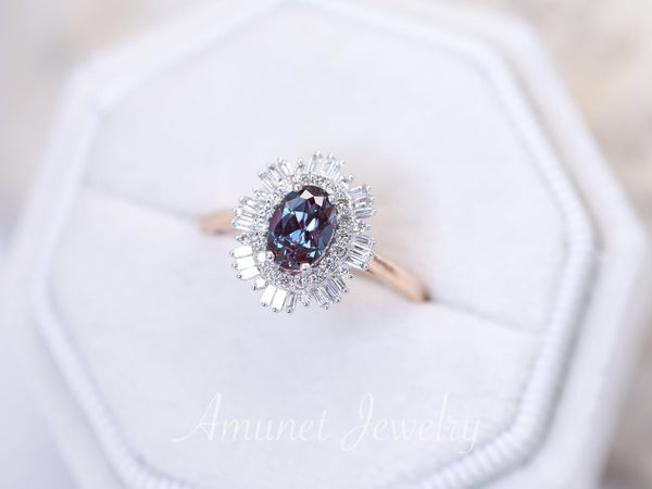 Vintage style alexandrite ring, Chatham alexandrite, baguette diamond ring, engagement ring, vintage style diamond ring - Amunet Jewelry