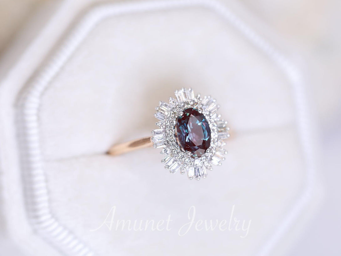 Vintage style alexandrite ring, Chatham alexandrite, baguette diamond ring, engagement ring, vintage style diamond ring - Amunet Jewelry