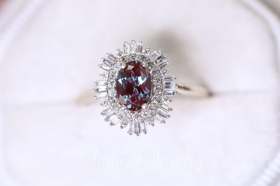 Vintage style alexandrite ring, Chatham alexandrite, baguette diamond ring, engagement ring, vintage style diamond ring - Amunet Jewelry