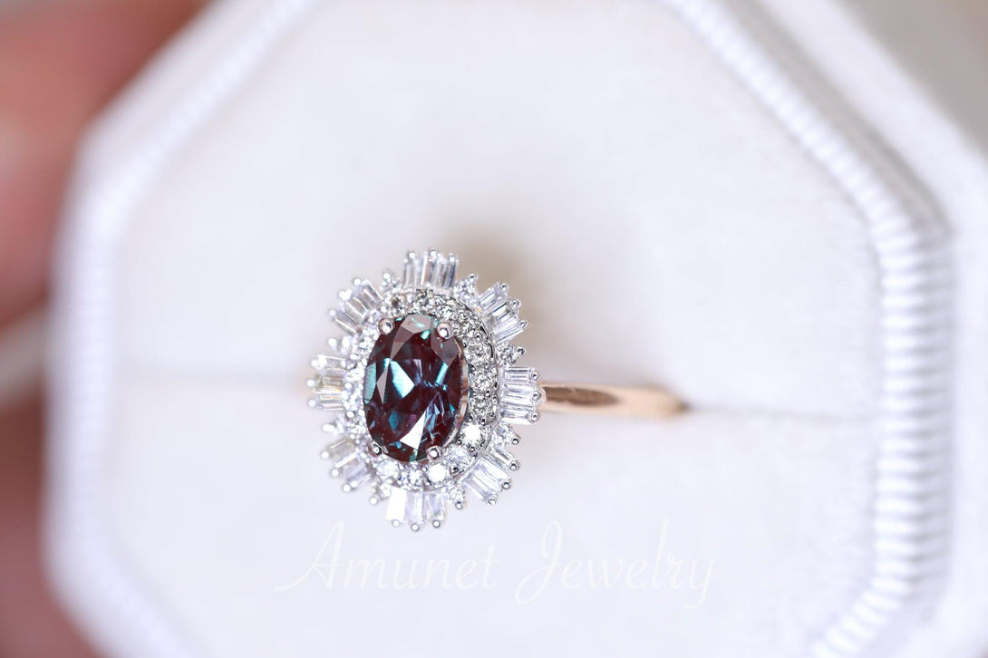 Vintage style alexandrite ring, Chatham alexandrite, baguette diamond ring, engagement ring, vintage style diamond ring - Amunet Jewelry