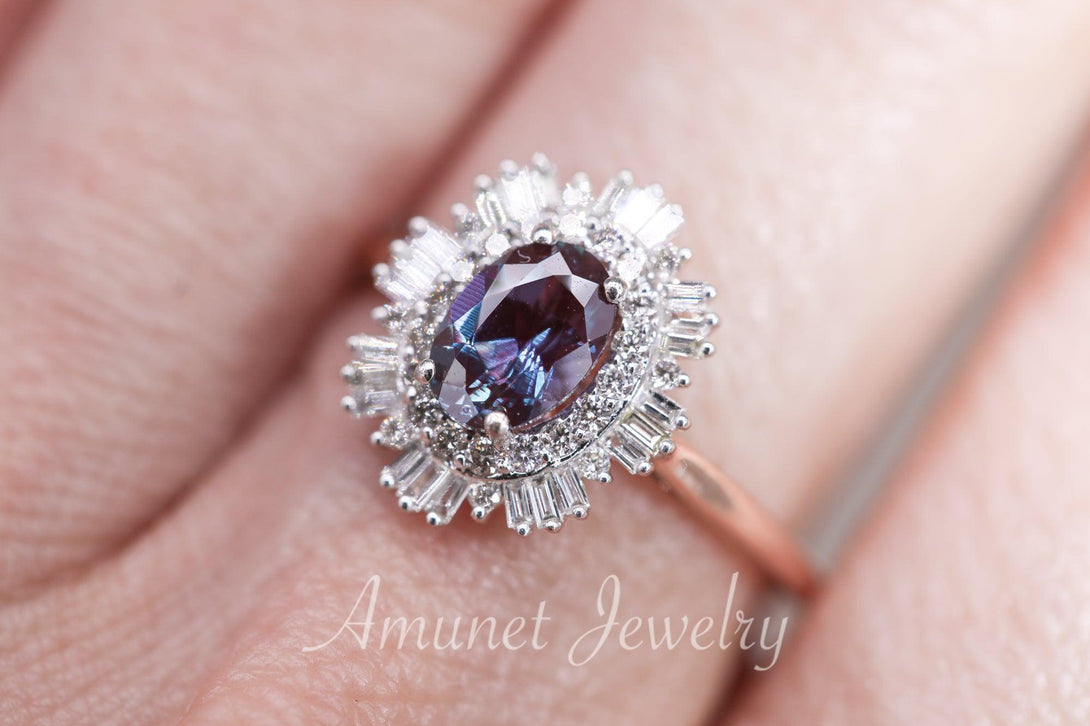 Vintage style alexandrite ring, Chatham alexandrite, baguette diamond ring, engagement ring, vintage style diamond ring - Amunet Jewelry