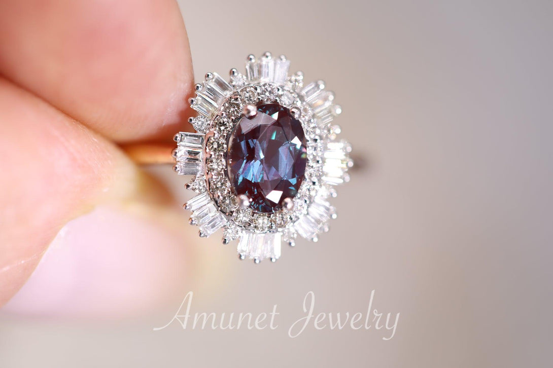 Vintage style alexandrite ring, Chatham alexandrite, baguette diamond ring, engagement ring, vintage style diamond ring - Amunet Jewelry