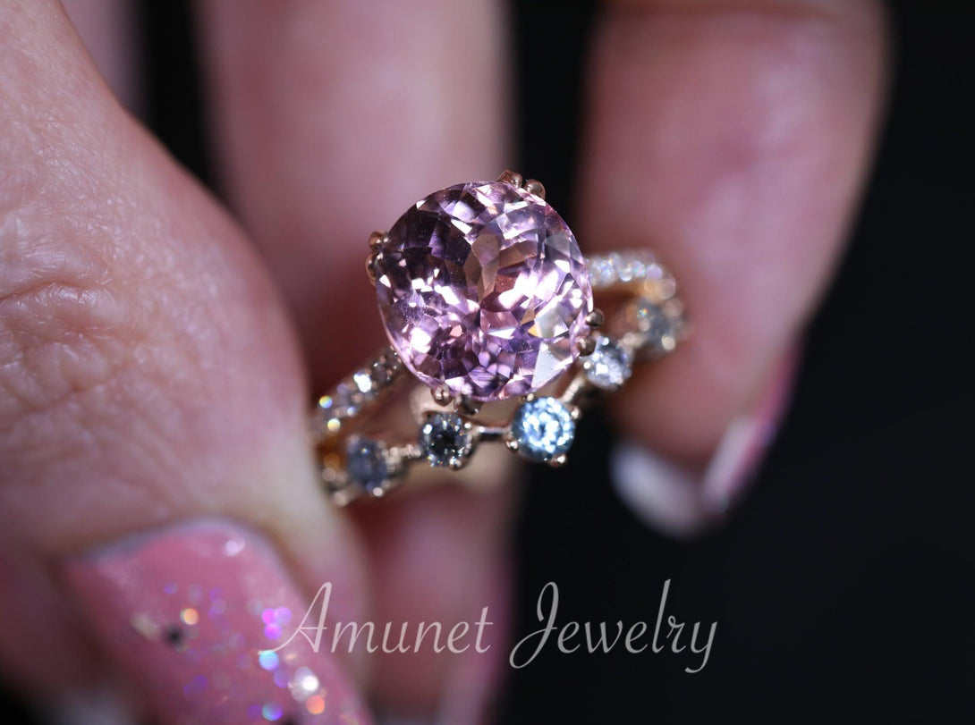 Oval 4.74 carat top luster brownish pink natural tourmaline engagement ring, diamond ring, unique ring, wedding ring - Amunet Jewelry