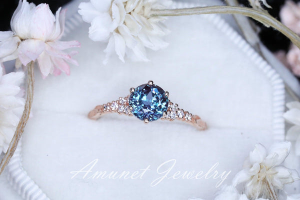 Chatham alexandrite ring, round alexandrite ring, Chatham alexandrite engagement ring, unique ring, leaf ring. - Amunet Jewelry