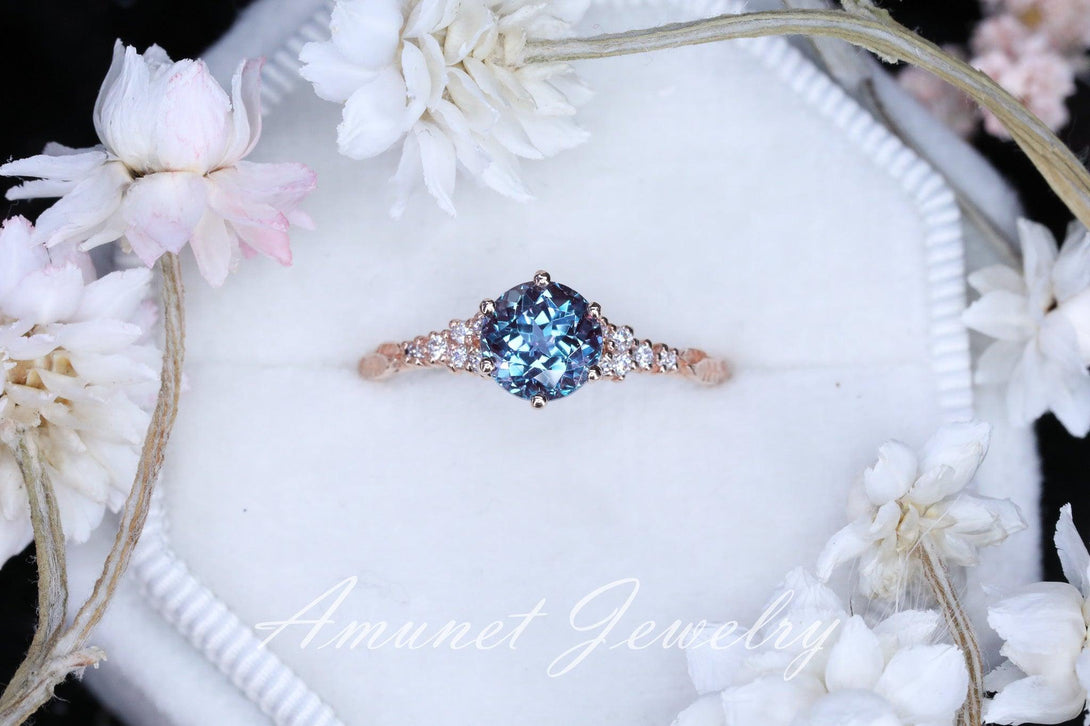 Chatham alexandrite ring, round alexandrite ring, Chatham alexandrite engagement ring, unique ring, leaf ring. - Amunet Jewelry