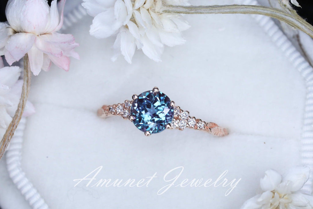 Chatham alexandrite ring, round alexandrite ring, Chatham alexandrite engagement ring, unique ring, leaf ring. - Amunet Jewelry