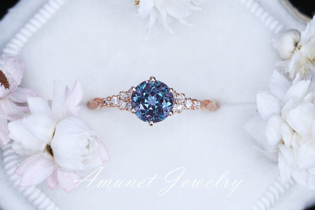 Chatham alexandrite ring, round alexandrite ring, Chatham alexandrite engagement ring, unique ring, leaf ring. - Amunet Jewelry