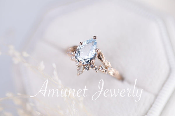 Pear aquamarine engagement ring, aquamarine ring cluster ring, leaf ring,nature inspired ring,aquamarine diamond unique ring. - Amunet Jewelry