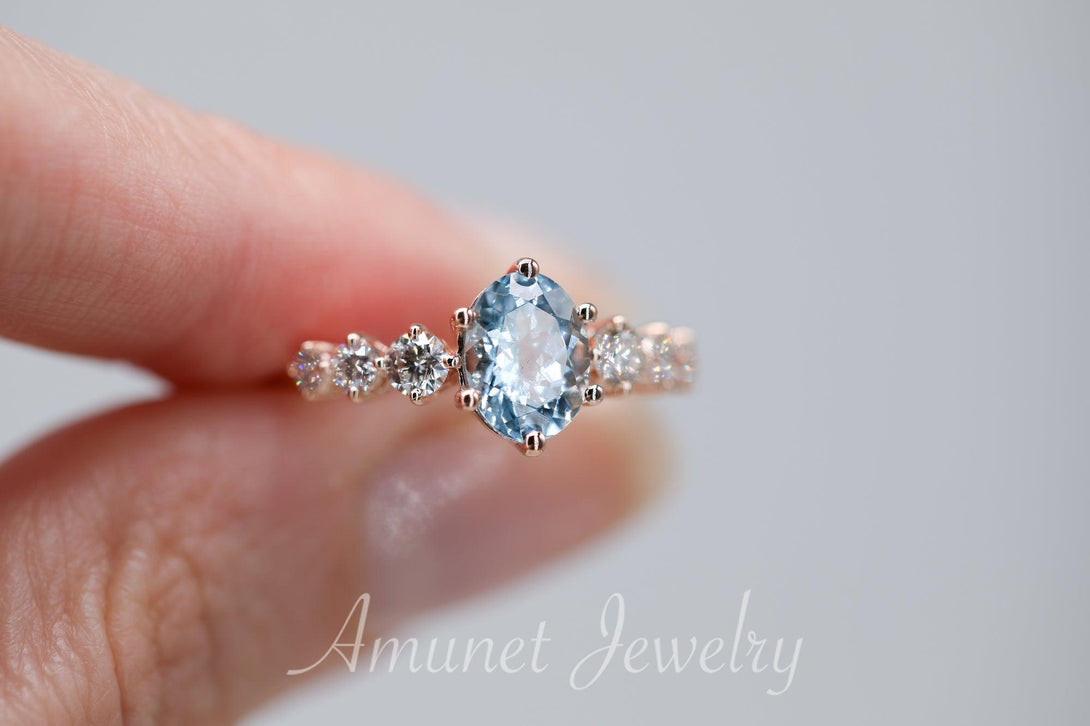 Beautiful oval aquamarine engagement ring with white diamonds, blue aquamarine ring, engagement ring - Amunet Jewelry