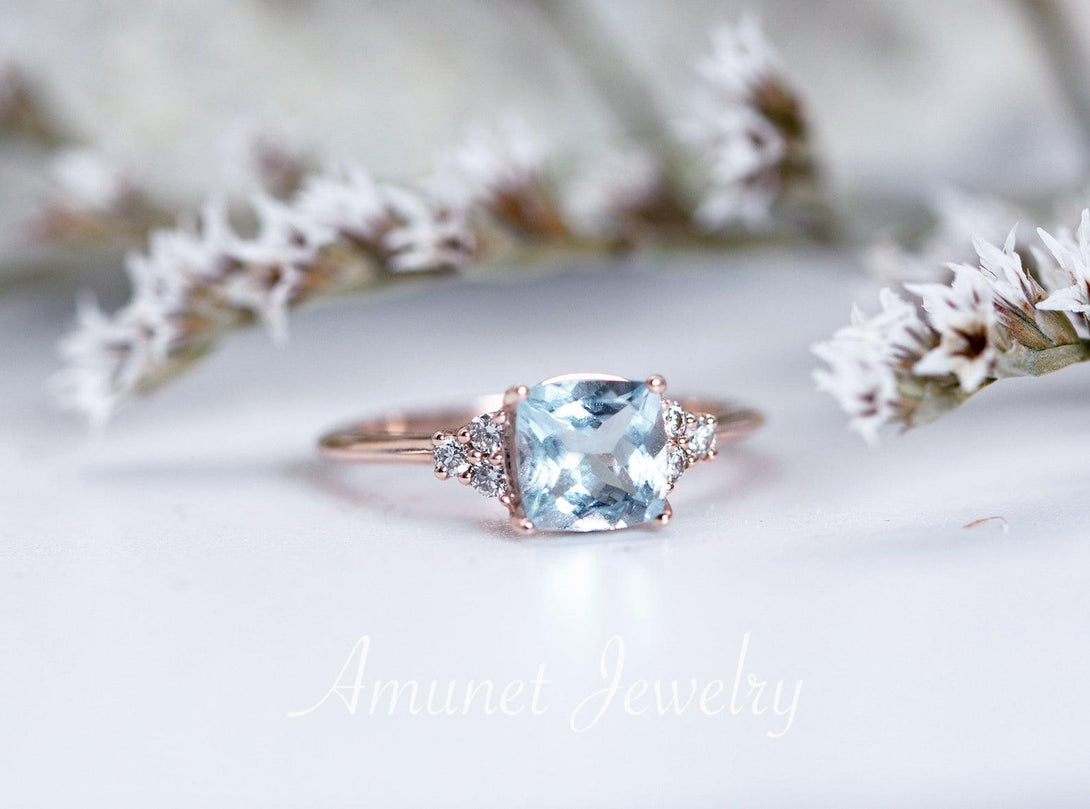 Engagement ring with blue aquamarine cushion, , cushion cluster aquamarine ring, cluster diamond ring. - Amunet Jewelry