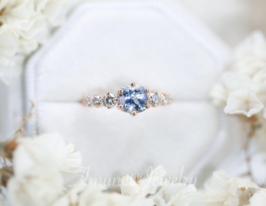 Aquamarine engagement ring, cushion aquamarine ring, diamond cluster ring - Amunet Jewelry