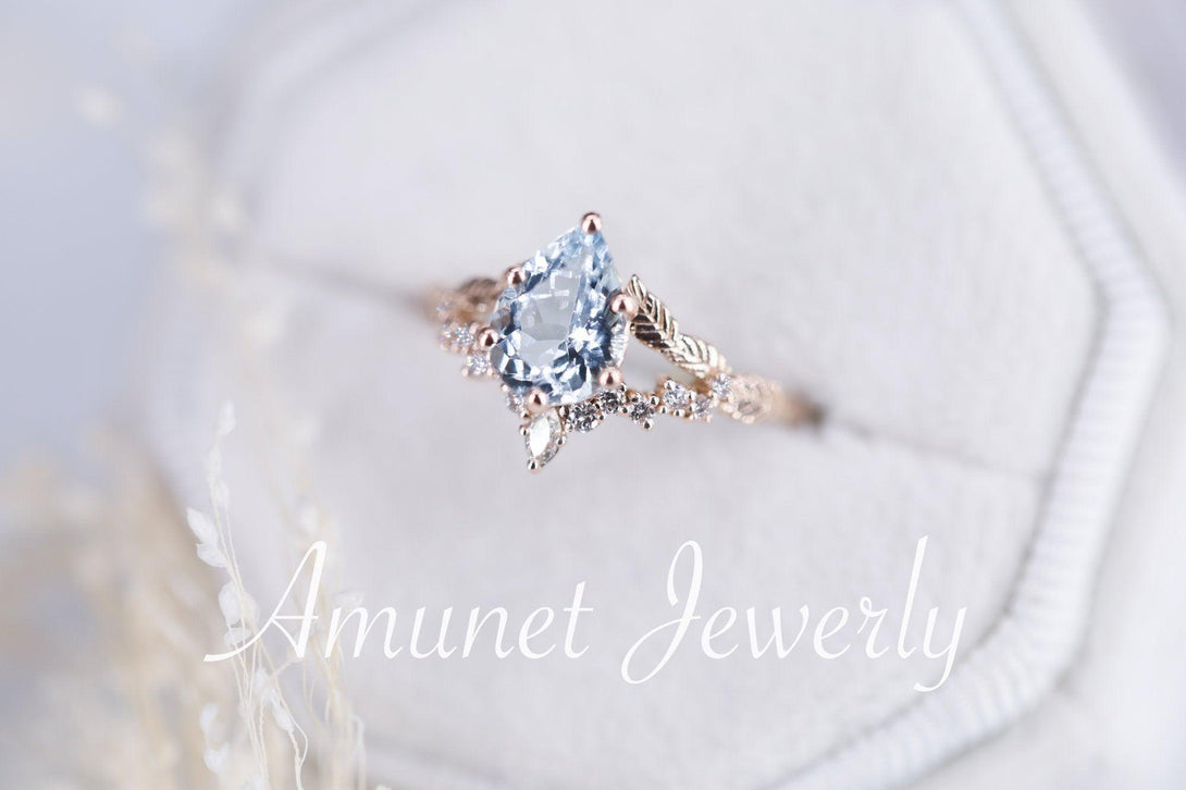 Pear aquamarine engagement ring, aquamarine ring cluster ring, leaf ring,nature inspired ring,aquamarine diamond unique ring. - Amunet Jewelry