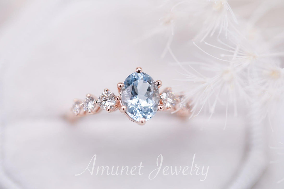 Beautiful oval aquamarine engagement ring with white diamonds, blue aquamarine ring, engagement ring - Amunet Jewelry