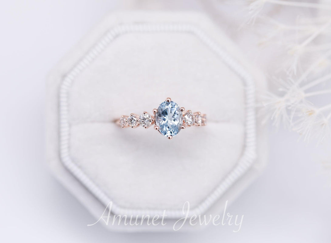 Beautiful oval aquamarine engagement ring with white diamonds, blue aquamarine ring, engagement ring - Amunet Jewelry