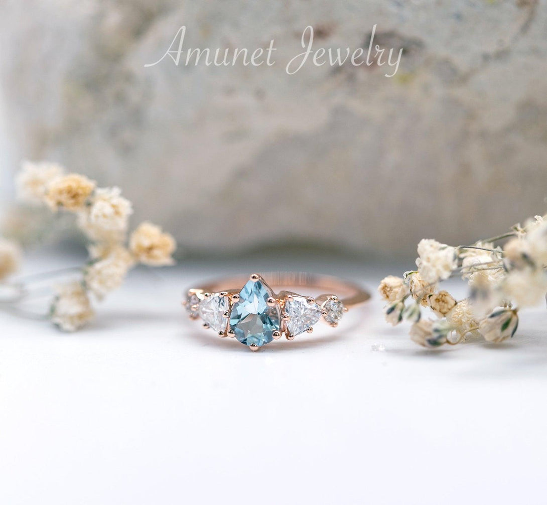 Engagement ring with a aquamarine and trillion moissanites, Charles & Colvard moissanites,cluster ring - Amunet Jewelry