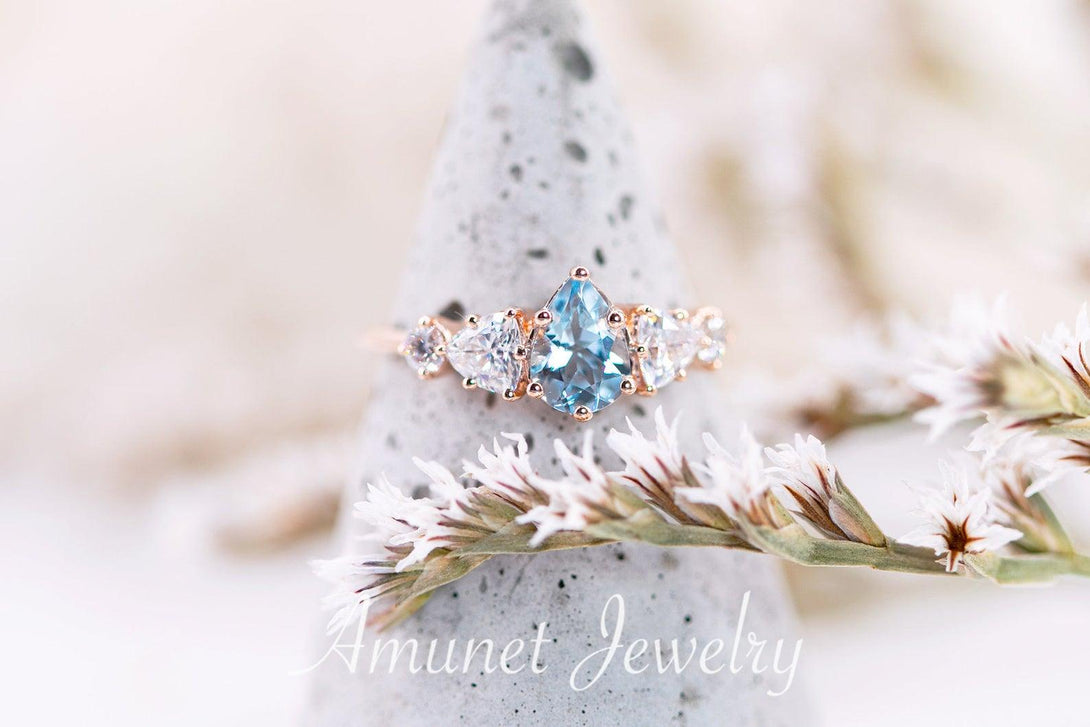 Engagement ring with a aquamarine and trillion moissanites, Charles & Colvard moissanites,cluster ring - Amunet Jewelry