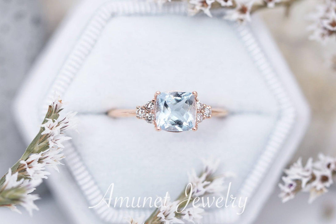 Engagement ring with blue aquamarine cushion, , cushion cluster aquamarine ring, cluster diamond ring. - Amunet Jewelry