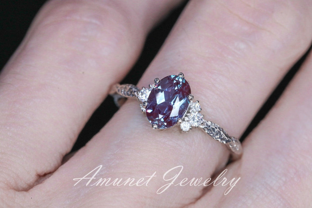 Chatham alexandrite ring, alexandrite cluster ring, Engagement ring Chatham Alexandrite, diamond ring, diamond engagement ring. - Amunet Jewelry