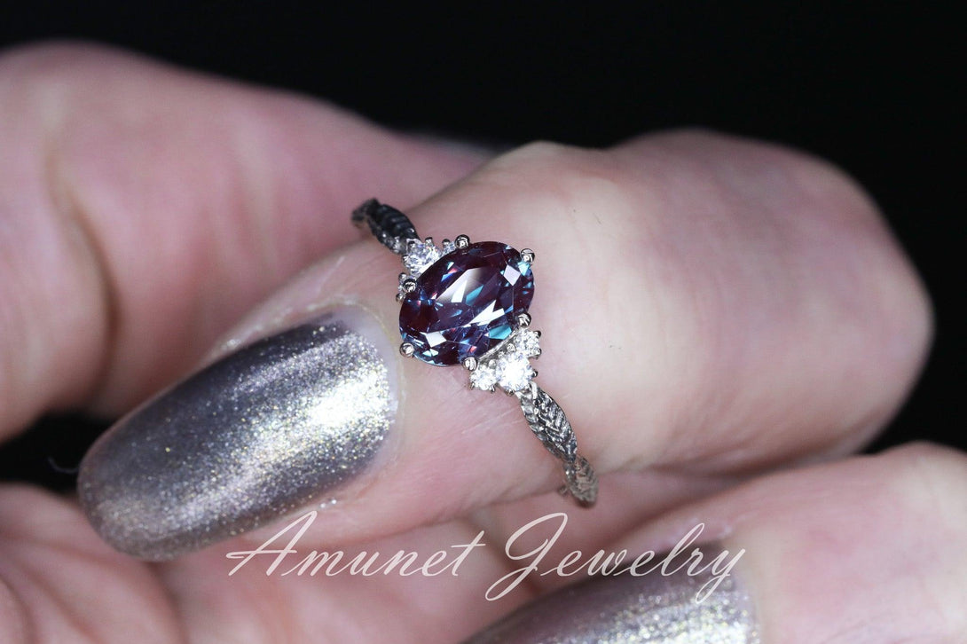 Chatham alexandrite ring, alexandrite cluster ring, Engagement ring Chatham Alexandrite, diamond ring, diamond engagement ring. - Amunet Jewelry