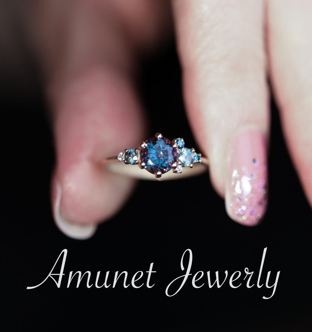 Alexandrite engagement ring,Chatham alexandrite ring,alexandrite cluster ring, unique engagement ring - Amunet Jewelry