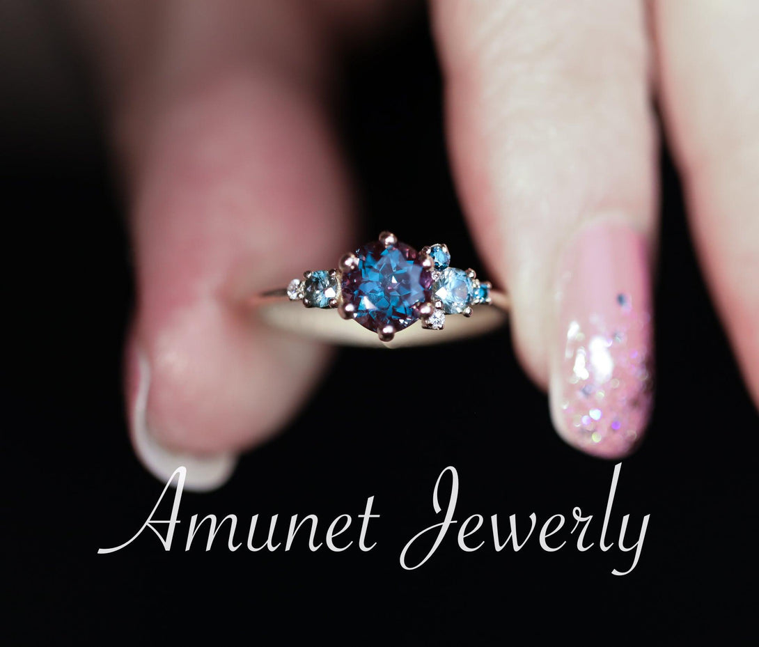 Alexandrite engagement ring,Chatham alexandrite ring,alexandrite cluster ring, unique engagement ring - Amunet Jewelry