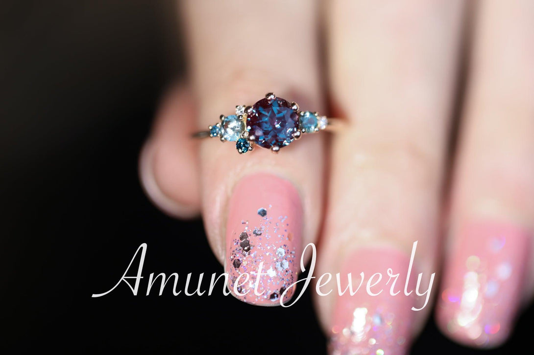 Alexandrite engagement ring,Chatham alexandrite ring,alexandrite cluster ring, unique engagement ring - Amunet Jewelry