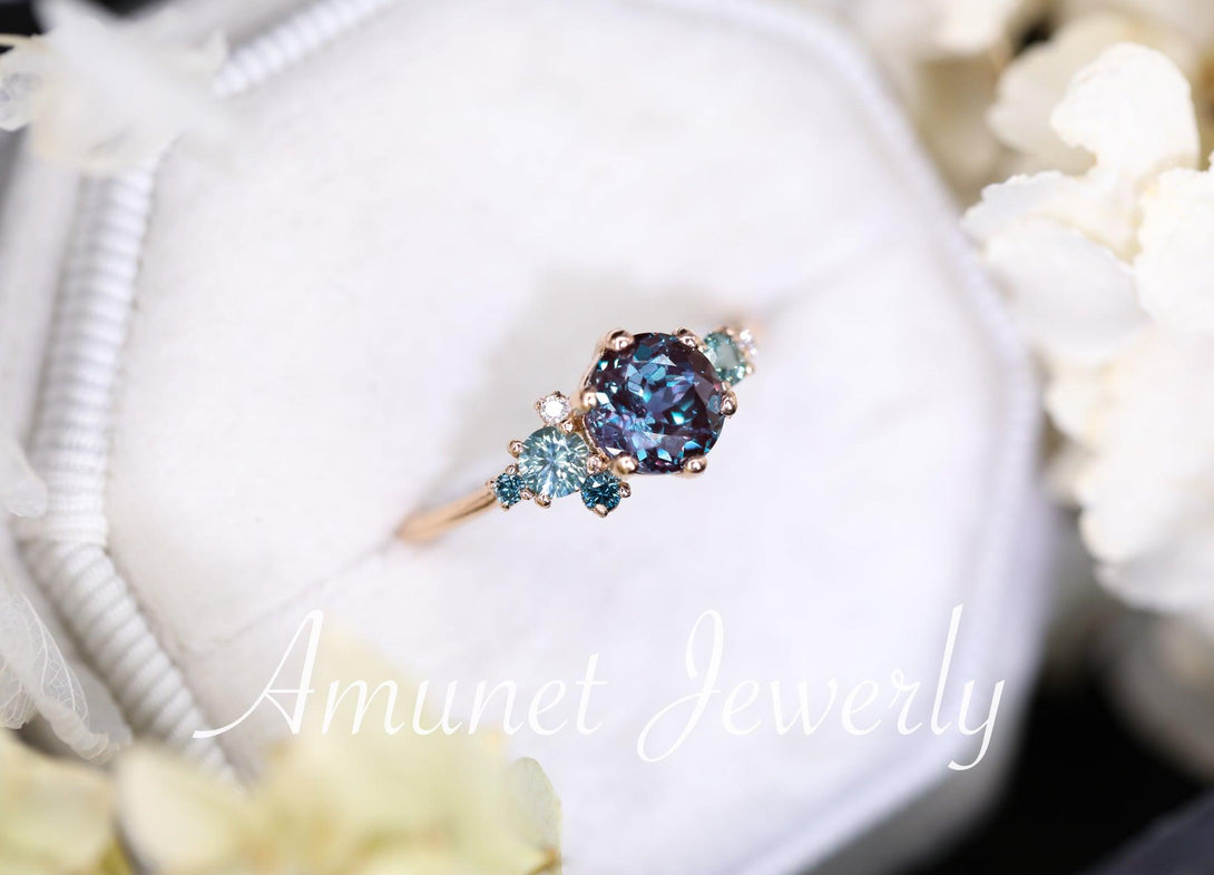 Alexandrite engagement ring,Chatham alexandrite ring,alexandrite cluster ring, unique engagement ring - Amunet Jewelry