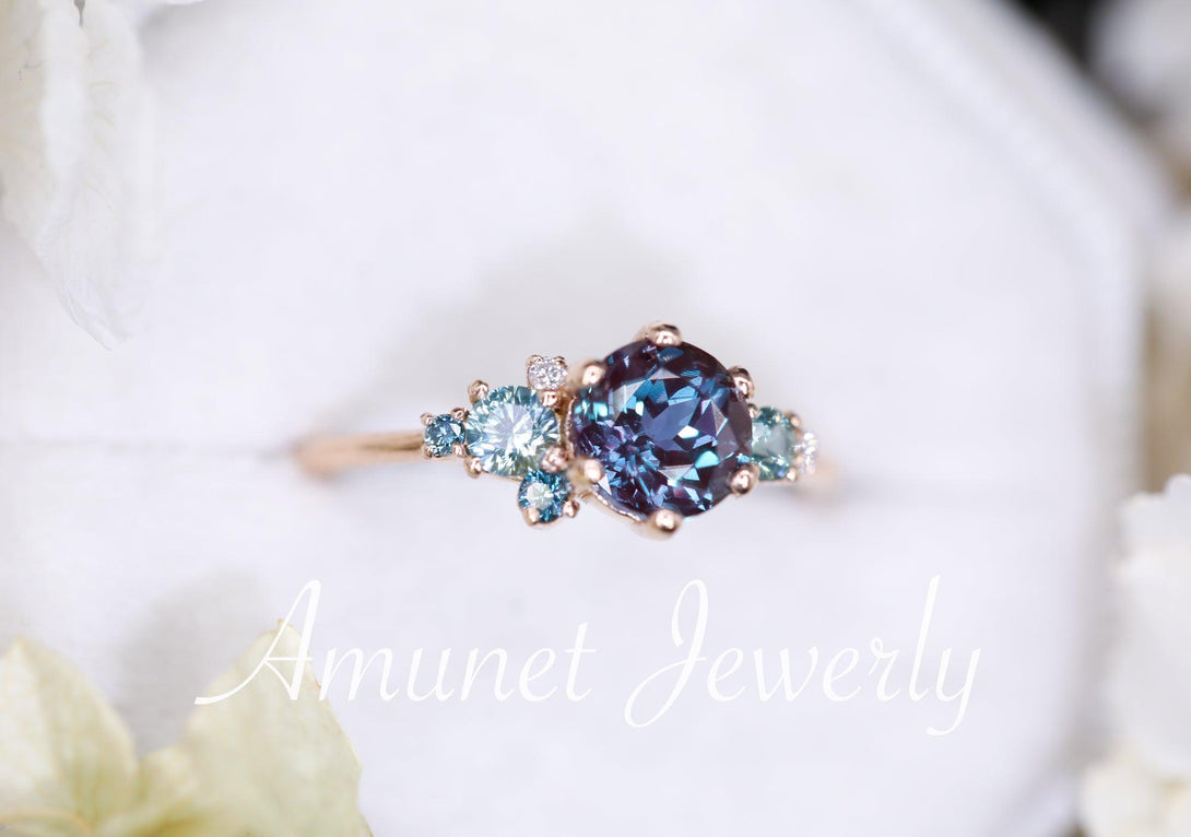 Alexandrite engagement ring,Chatham alexandrite ring,alexandrite cluster ring, unique engagement ring - Amunet Jewelry