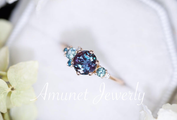 Alexandrite engagement ring,Chatham alexandrite ring,alexandrite cluster ring, unique engagement ring - Amunet Jewelry