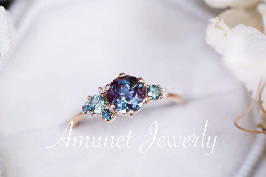 Alexandrite engagement ring,Chatham alexandrite ring,alexandrite cluster ring, unique engagement ring - Amunet Jewelry