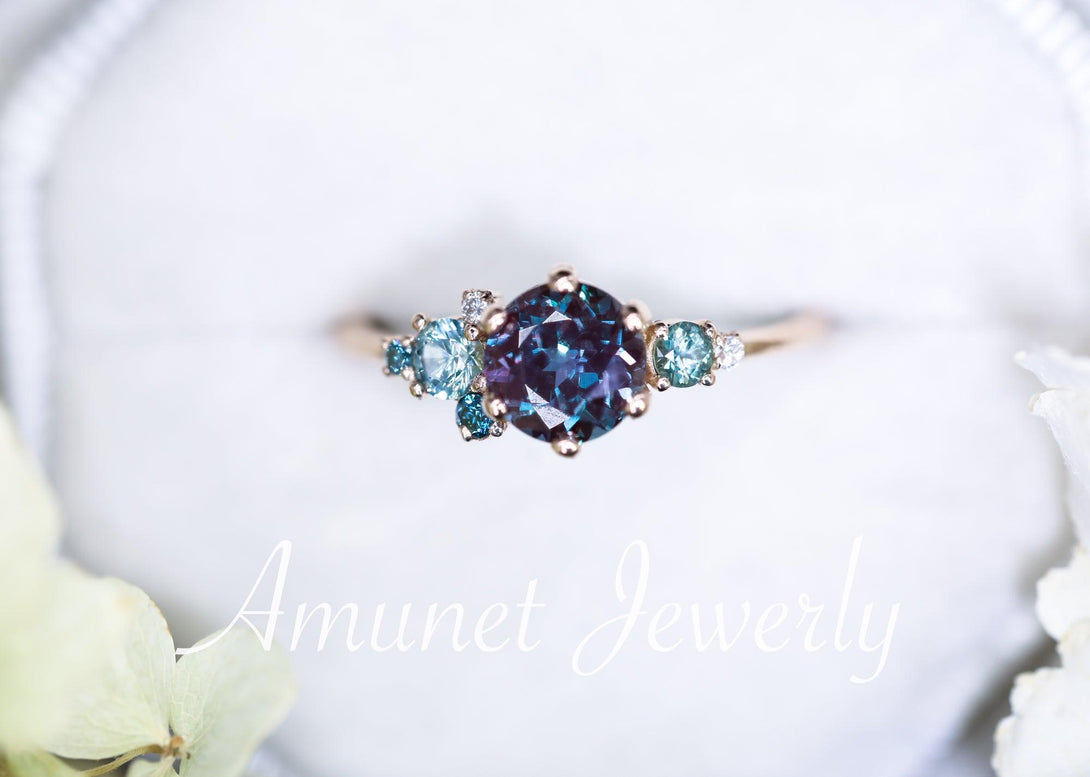 Alexandrite engagement ring,Chatham alexandrite ring,alexandrite cluster ring, unique engagement ring - Amunet Jewelry