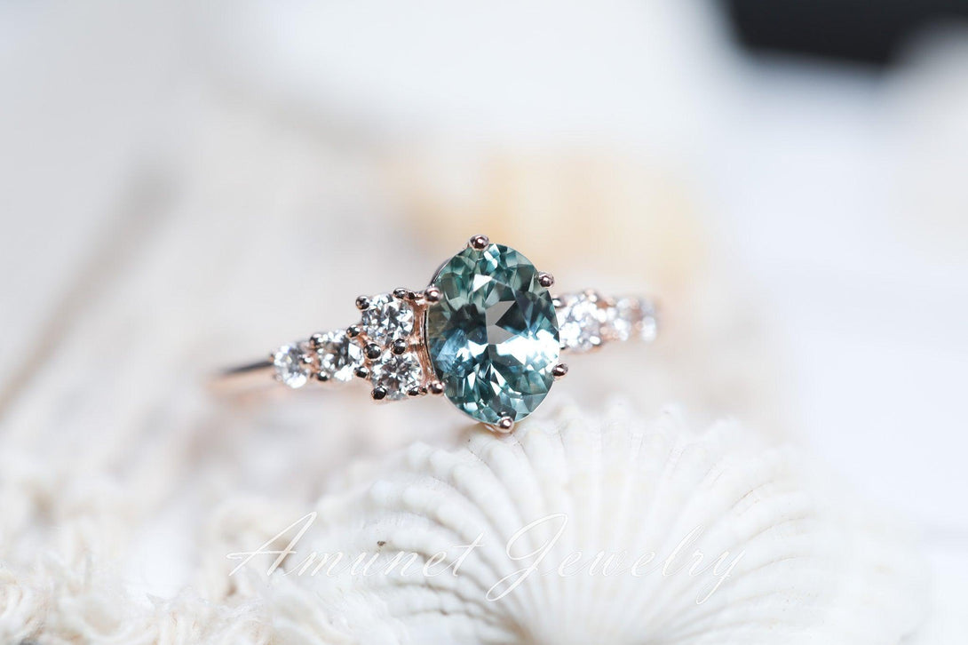 Teal sapphire ring,Montana sapphire ring, oval sapphire engagement ring,unique ring. - Amunet Jewelry